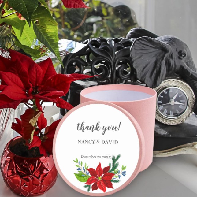 Poinsettia Floral Bouquet, Thank You Classic Round Sticker (Creator Uploaded)