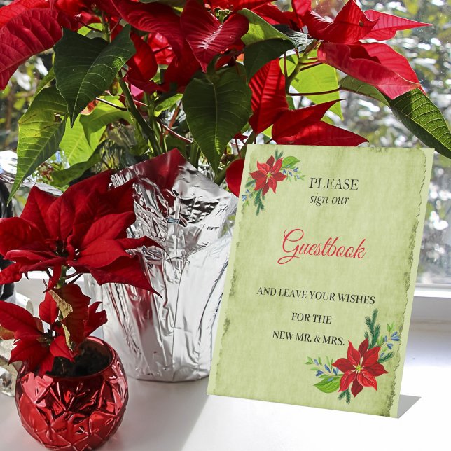 Poinsettia Floral Bouquet, Vintage Guestbook  Pedestal Sign (Creator Uploaded)
