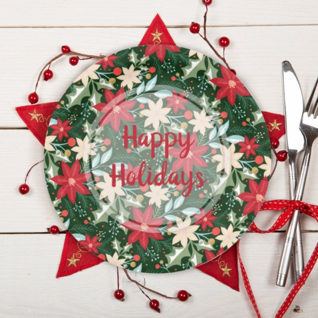 Poinsettia Floral Christmas Holiday Green Paper Plate (Creator Uploaded)