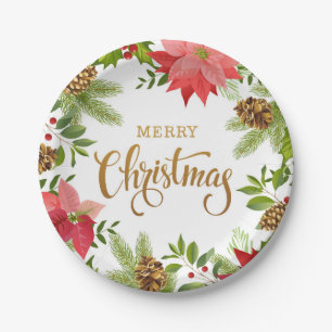 Poinsettia Floral Christmas   Holidays Paper Plate