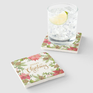 Poinsettia Floral Christmas Holidays Stone Coaster