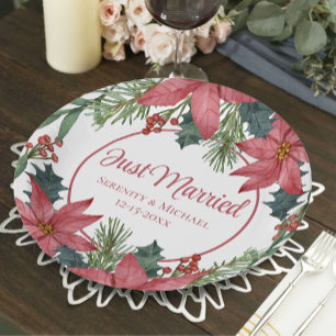 Poinsettia Floral Christmas Just Married Wedding Paper Plate