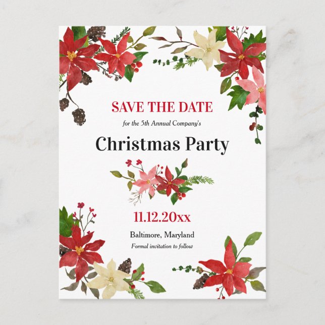 Poinsettia Floral Christmas Party Save The Date Announcement Postcard (Front)