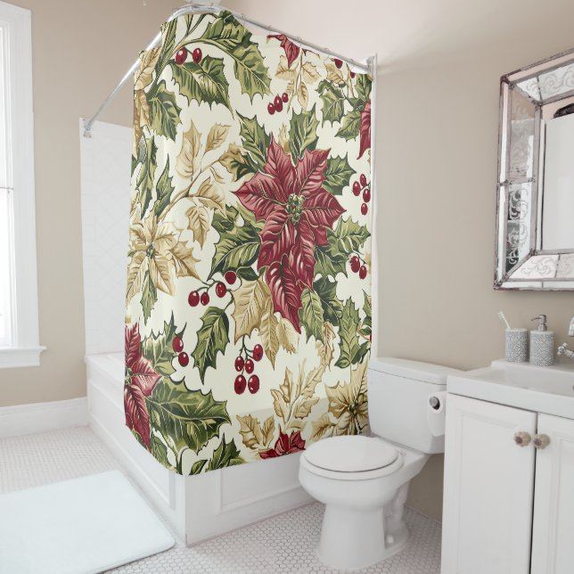Poinsettia Floral Christmas Pattern (15) Shower Curtain (In Situ)