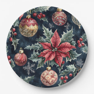 Poinsettia Floral Christmas Pattern (16) Paper Plate