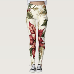 Poinsettia Floral Christmas Pattern (4) Leggings