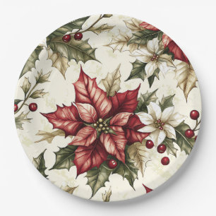 Poinsettia Floral Christmas Pattern (5) Paper Plate