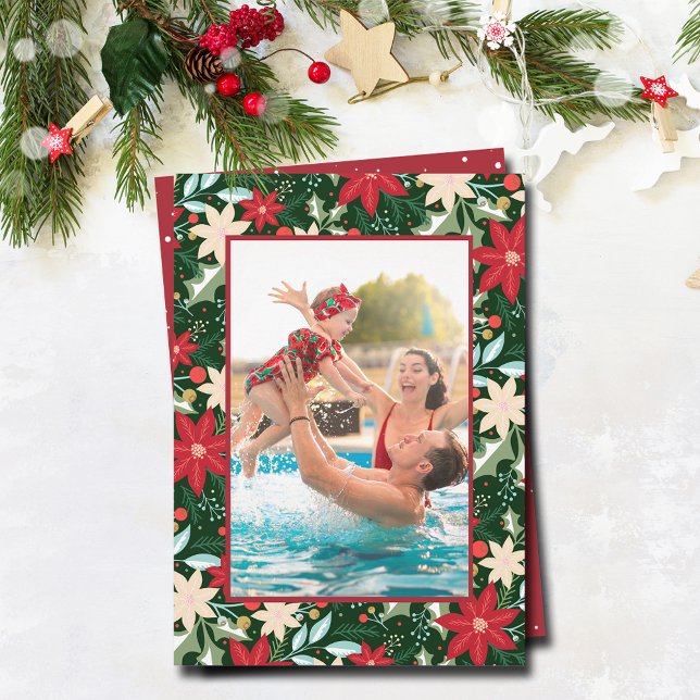 Poinsettia Floral Christmas Photo Holiday Card (Stylish Poinsettias on Green Christmas Photo Cards)