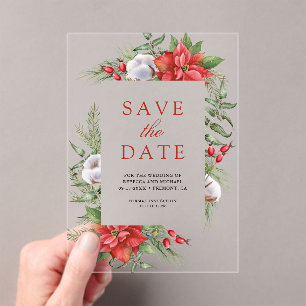 Poinsettia Floral Christmas Wedding Save the Date Acrylic Invitations