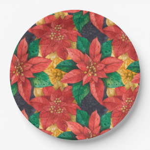 Poinsettia Floral Elegant Christmas Holiday Paper Plate