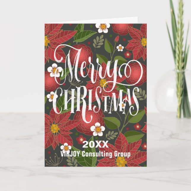 Poinsettia Floral Elegant Script Photo Business  Holiday Card (Front)
