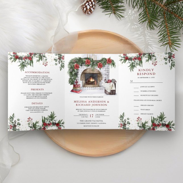 Poinsettia Floral Fireplace Christmas Wedding Tri-Fold Invitation (Creator Uploaded)
