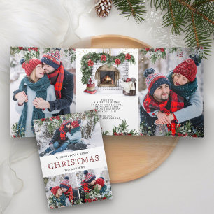 Poinsettia Floral Fireplace Photo Christmas Tri-Fold Holiday Card