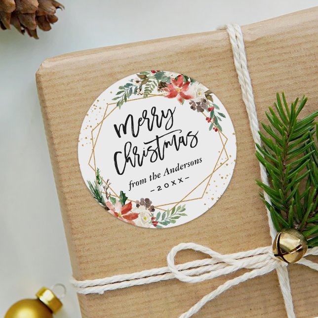 Poinsettia Floral Geometric Merry Christmas Script Classic Round Sticker (Creator Uploaded)