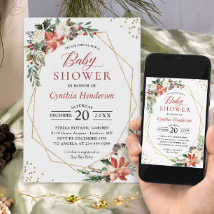 Poinsettia Floral Gold Frame Winter Baby Shower Invitation