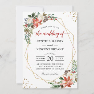 Poinsettia Floral Gold Geometric Christmas Wedding Invitation
