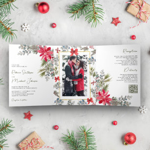 Poinsettia Floral Photo QR Code Christmas Wedding Tri-Fold Invitation