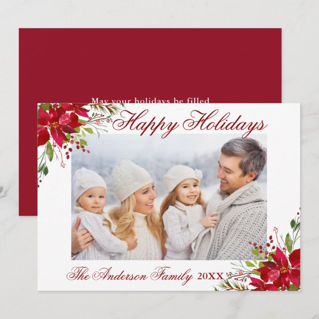 Poinsettia Floral Photo Red Happy Holidays Card (Front/Back)