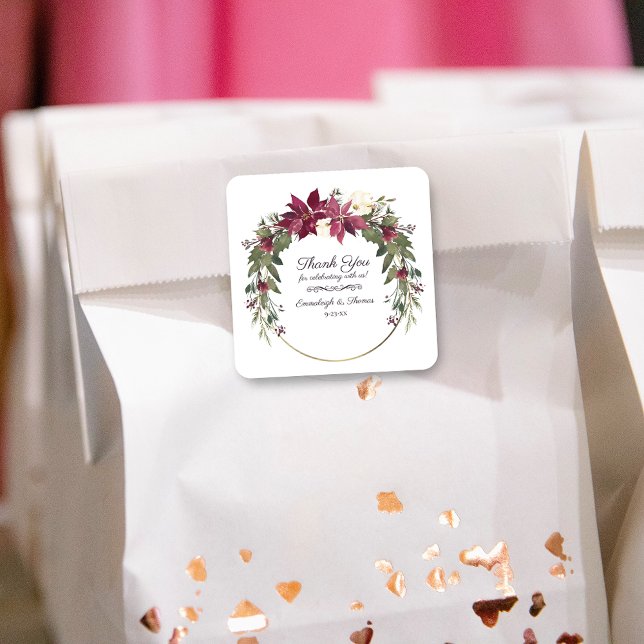 Poinsettia Floral Thank You Favour | Scarlet Red Square Sticker (Creator Uploaded)