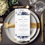 Poinsettia Floral Wedding Menu | Moody Blue<br><div class="desc">Winter watercolor moody blue purple poinsettias on white background as borders at top and bottom with personal templates in centre and on back.</div>