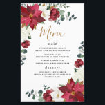 Poinsettia Floral Winter Red Wedding Menu Cards<br><div class="desc">Design features poinsettias,  magnolia,  hydrangea,  roses and more in shades of red,  burgundy,  and white.  Design also features gold printed leaves and numerous types of green greenery including eucalyptus leaves or branches.</div>