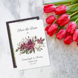 Poinsettia Florals Save the Date | Scarlet Red<br><div class="desc">Winter watercolor scarlet red poinsettias on white background with personal templates in centre.  Dark maroon on back as well as a photo template on back.</div>