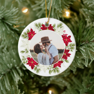 Poinsettia Flower and Pine Round Christmas Ceramic Tree Decoration