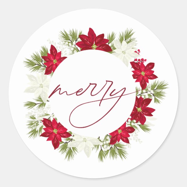 Poinsettia Flower and Pine Round Merry Classic Round Sticker (Front)