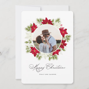 Poinsettia Flower and Pine Round Photo Holiday Card