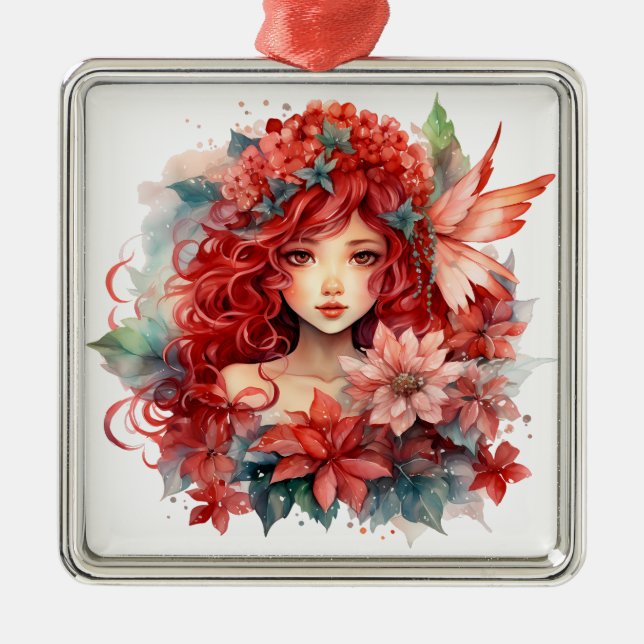 Poinsettia Flower Girl Metal Tree Decoration (Front)