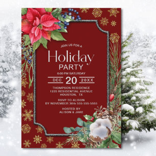 Poinsettia Flower Gold Snowflakes Holiday Party Invitation