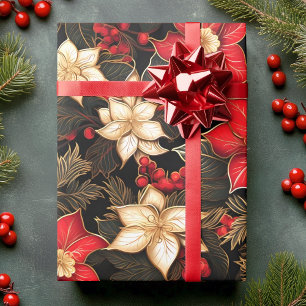 Poinsettia Flower in Black Red Gold   Christmas  Wrapping Paper