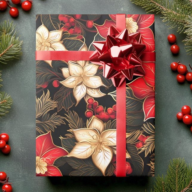 Poinsettia Flower in Black Red Gold | Christmas  Wrapping Paper (Poinsettia Flower in Black Red Gold | Christmas Wrapping Paper)