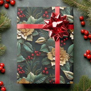 Poinsettia Flower in Gold 3D in Green Christmas Wrapping Paper