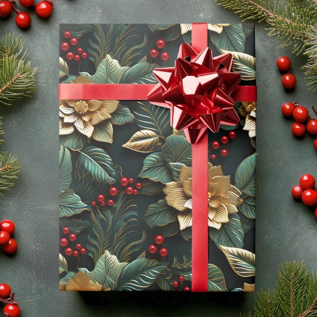 Poinsettia Flower in Gold 3D in Green | Christmas  Wrapping Paper (Poinsettia Flower in Gold 3D in Green | Christmas Wrapping Paper)