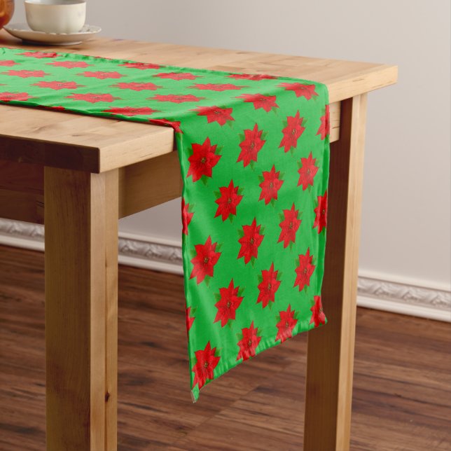 Poinsettia Flower Pattern on Green Medium Table Runner (In Situ)