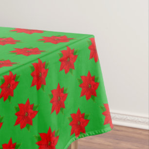 Poinsettia Flower Pattern on Green Tablecloth