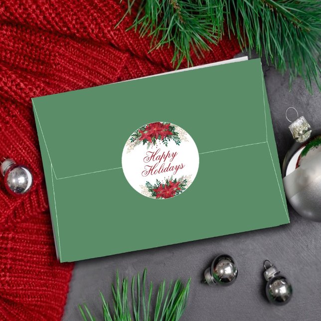 Poinsettia Flower Red and Green Christmas Floral Classic Round Sticker (Creator Uploaded)