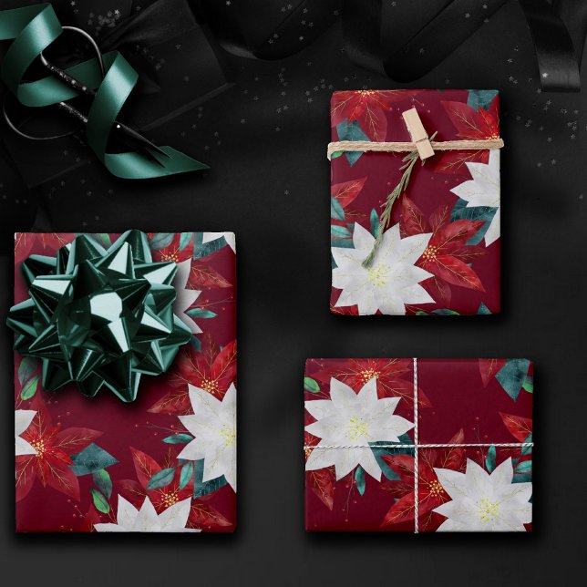Poinsettia Flower Red and Green Christmas Floral Wrapping Paper Sheet (Creator Uploaded)