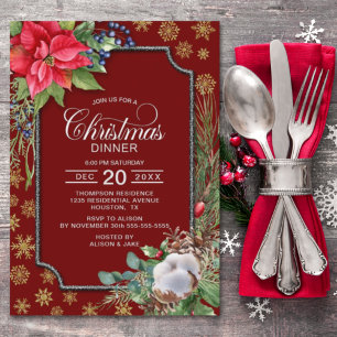 Poinsettia Flower Snowflakes Christmas Dinner Invitation