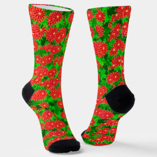 Poinsettia Flowers and Holly Leaves Socks