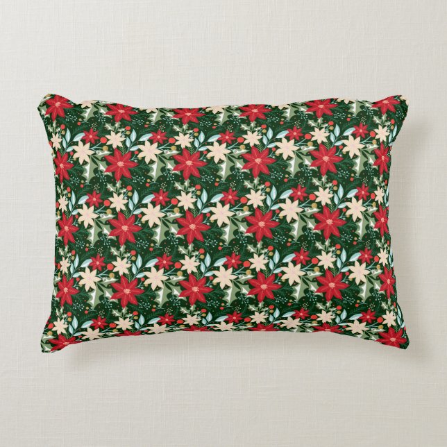 Poinsettia Flowers and Leaves Holiday Christmas Decorative Cushion (Front)