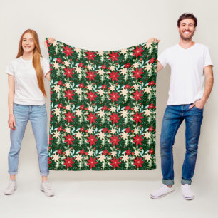 Poinsettia Flowers and Leaves Holiday Christmas Fleece Blanket