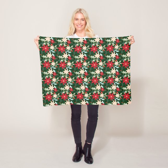 Poinsettia Flowers and Leaves Holiday Christmas Fleece Blanket (In Situ)