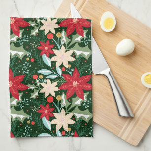 Poinsettia Flowers and Leaves Holiday Christmas Tea Towel
