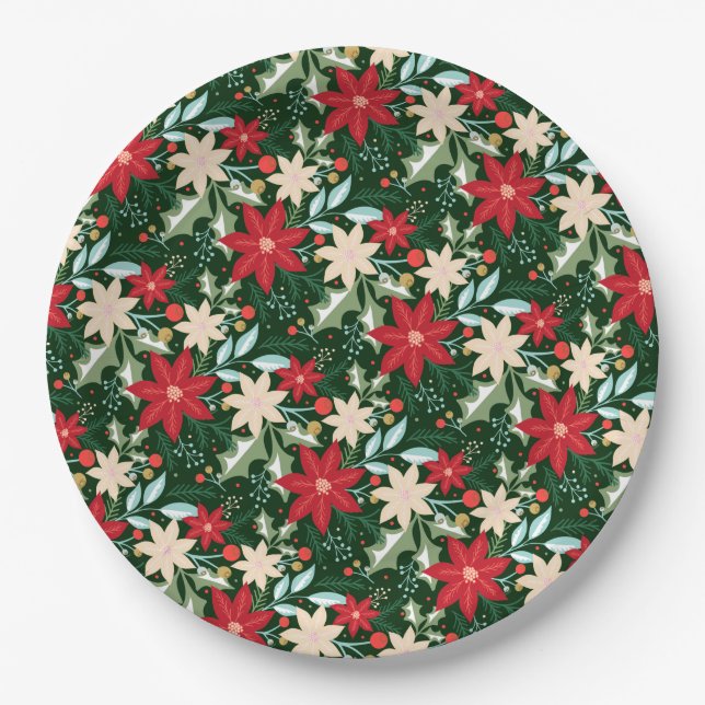 Poinsettia Flowers and Leaves Holiday Paper Plate (Front)