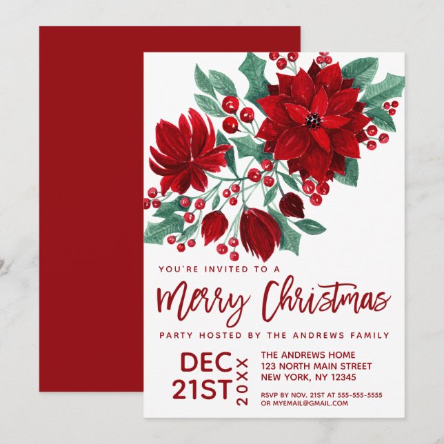 Poinsettia Flowers Ivy Leaves Watercolor Christmas Invitation (Front/Back)