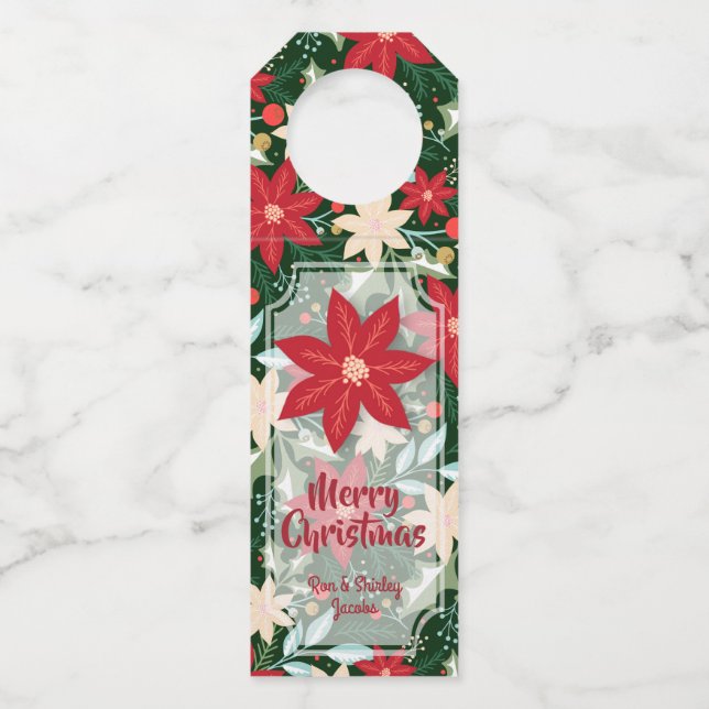 Poinsettia Flowers Leaves Holiday Christmas Bottle Tag (Front)