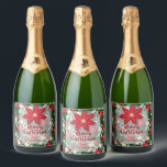 Poinsettia Flowers Leaves Holiday Christmas Sparkling Wine Label<br><div class="desc">Stylish red and ivory poinsettias, berries and leaves and your greeting and personalisation in chic lettering, these sparkling wine bottle labels are perfect to put on your bottles to serve at your Christmas dinner party or to give as gifts. Red poinsettia is printed on the top but can be removed....</div>