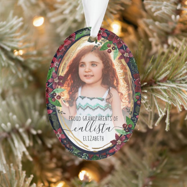 Poinsettia Flowers Proud Grandparents Photo Name Ornament (Tree)
